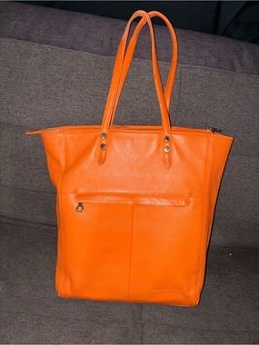 Structured Orange Leather Tote Bag with Front Zip Pocket